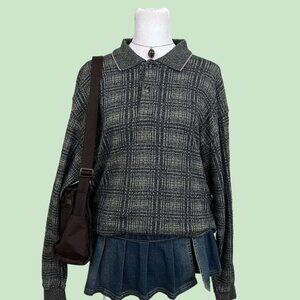 vintage 90s plaid indie skater knit long sleeve polo shirt